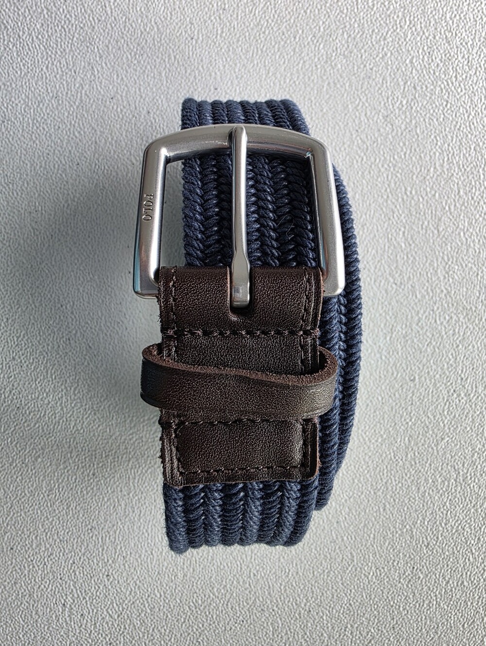Polo Ralph Lauren Navy Braided Stretch Belt Brown Leather Old Money Preppy EUC